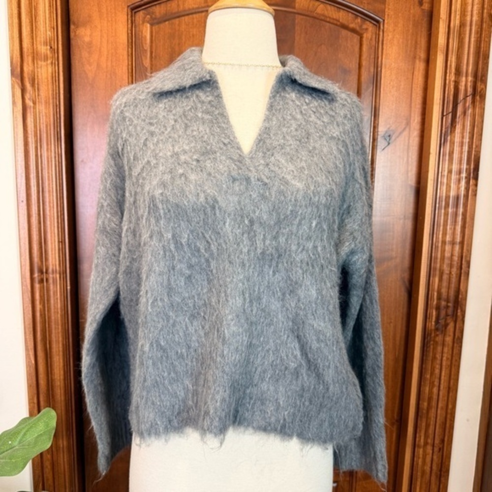 💋Madewell Women's polo brush Fuzzy Gray V-Neck Sweater size XXS